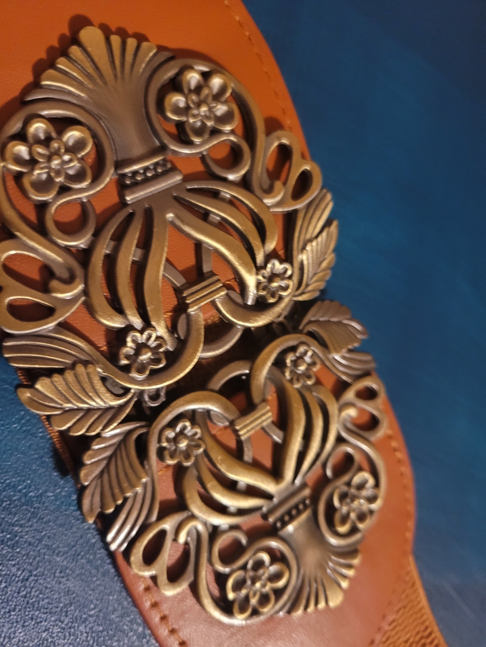Tan Belt with Ornate Gold-Tone Buckle